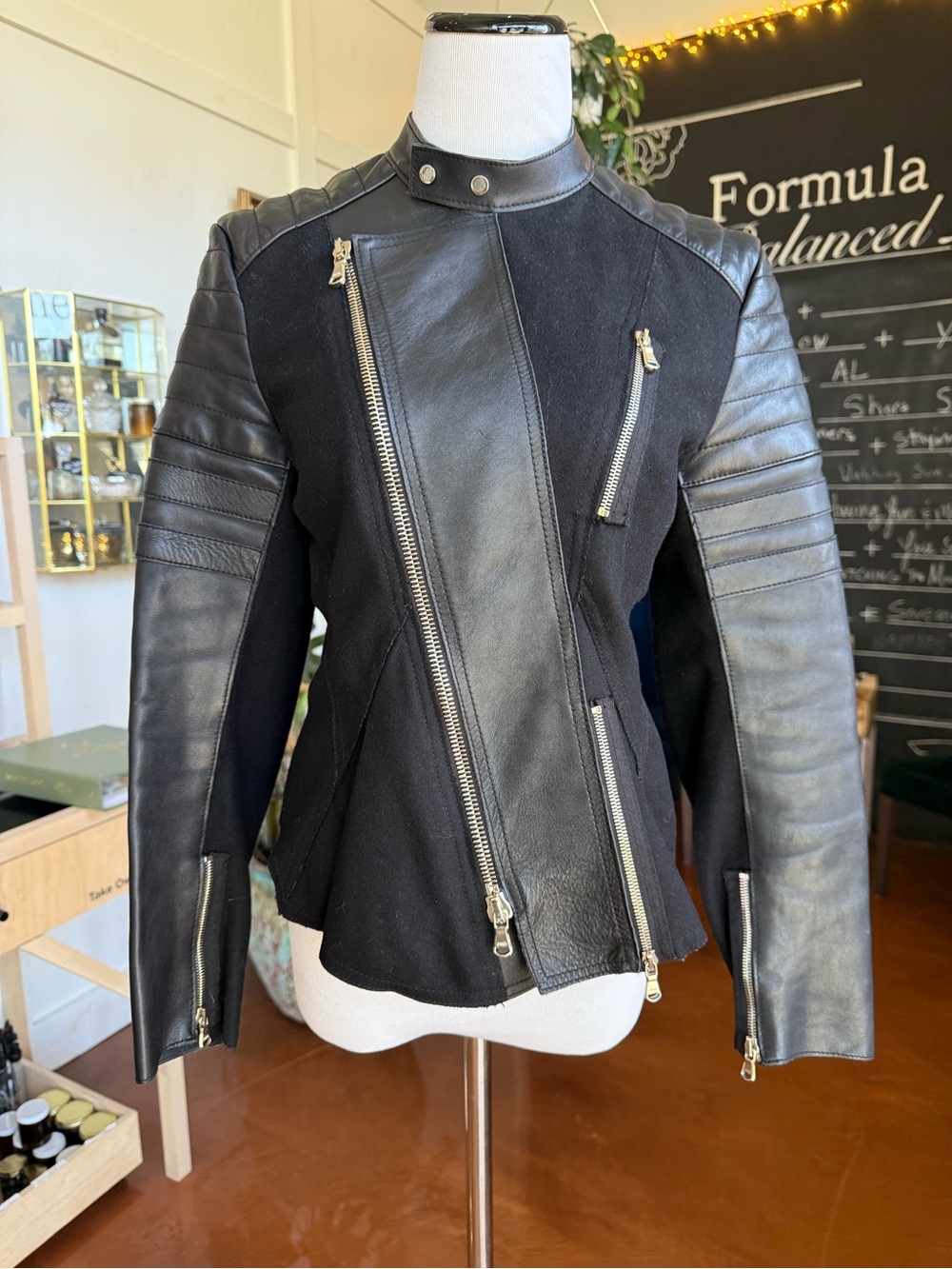Phillip Lim Mixed Media Like New! Black Leather-Trim Moto Jacket - Women size 4